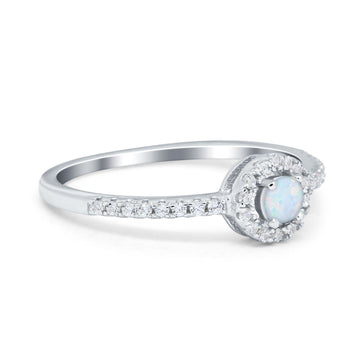Petite Dainty Halo Ring Round Lab Created White Opal 925 Sterling Silver